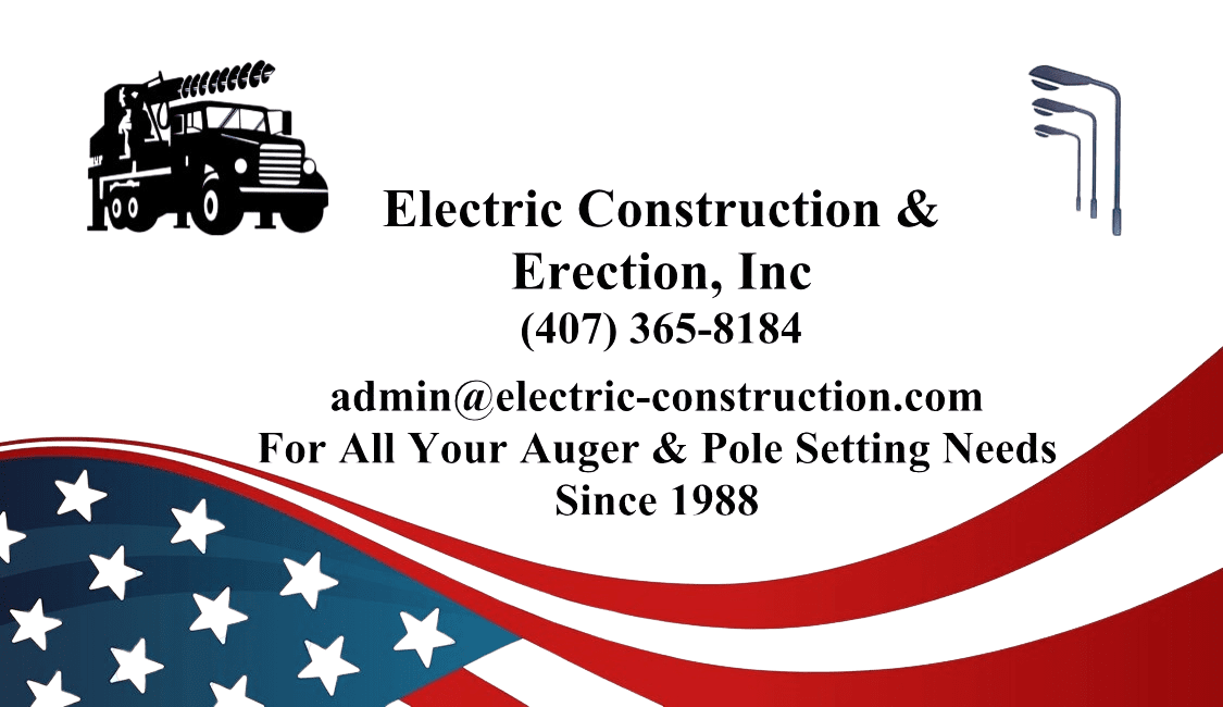 Business card for Electric Construction & Erection, Inc, with contact details and a slogan. Background features red and blue stripes with stars, and an illustration of a truck.